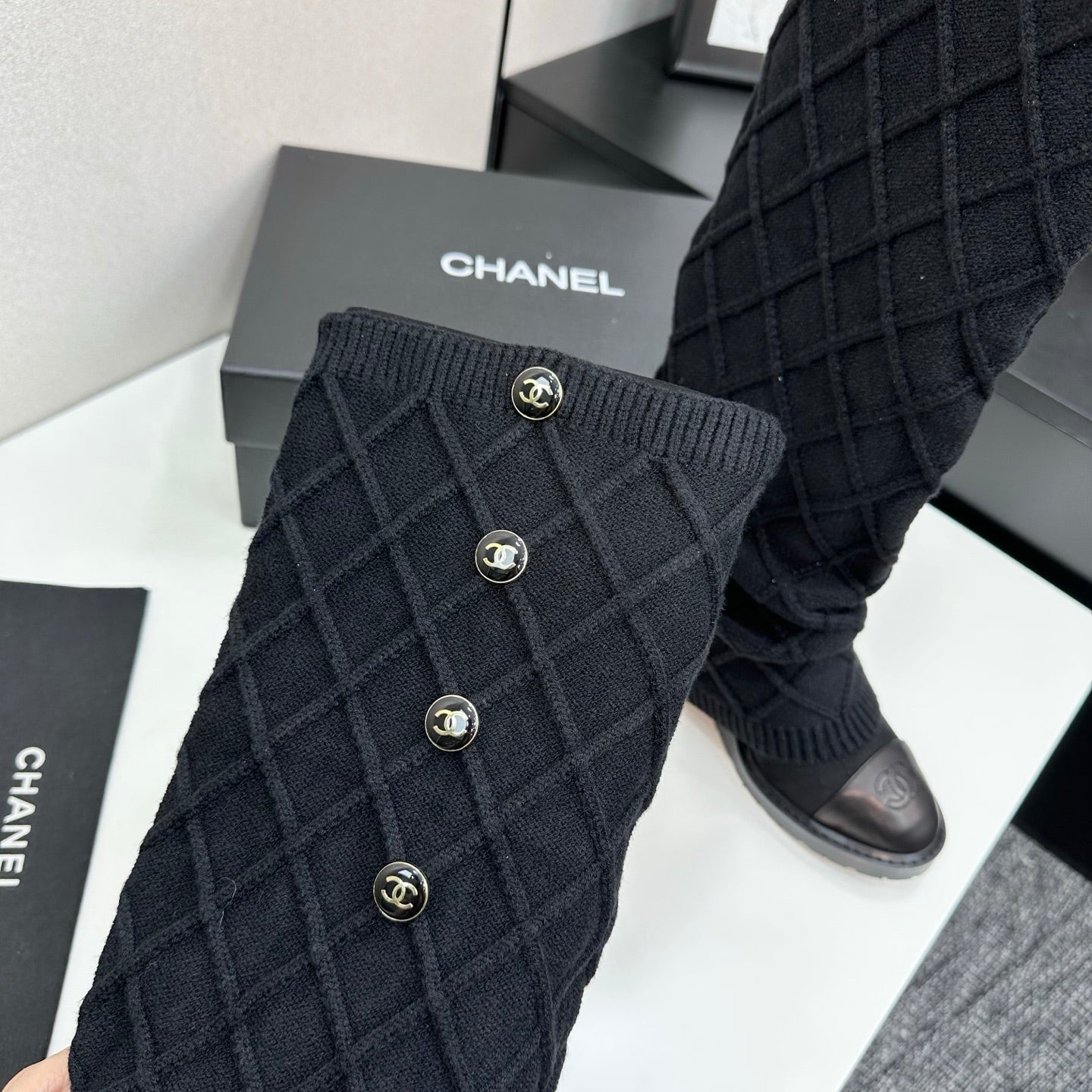 Chanel 2026 CC Buttoned Knitted Knee-High Boots Wool 985768