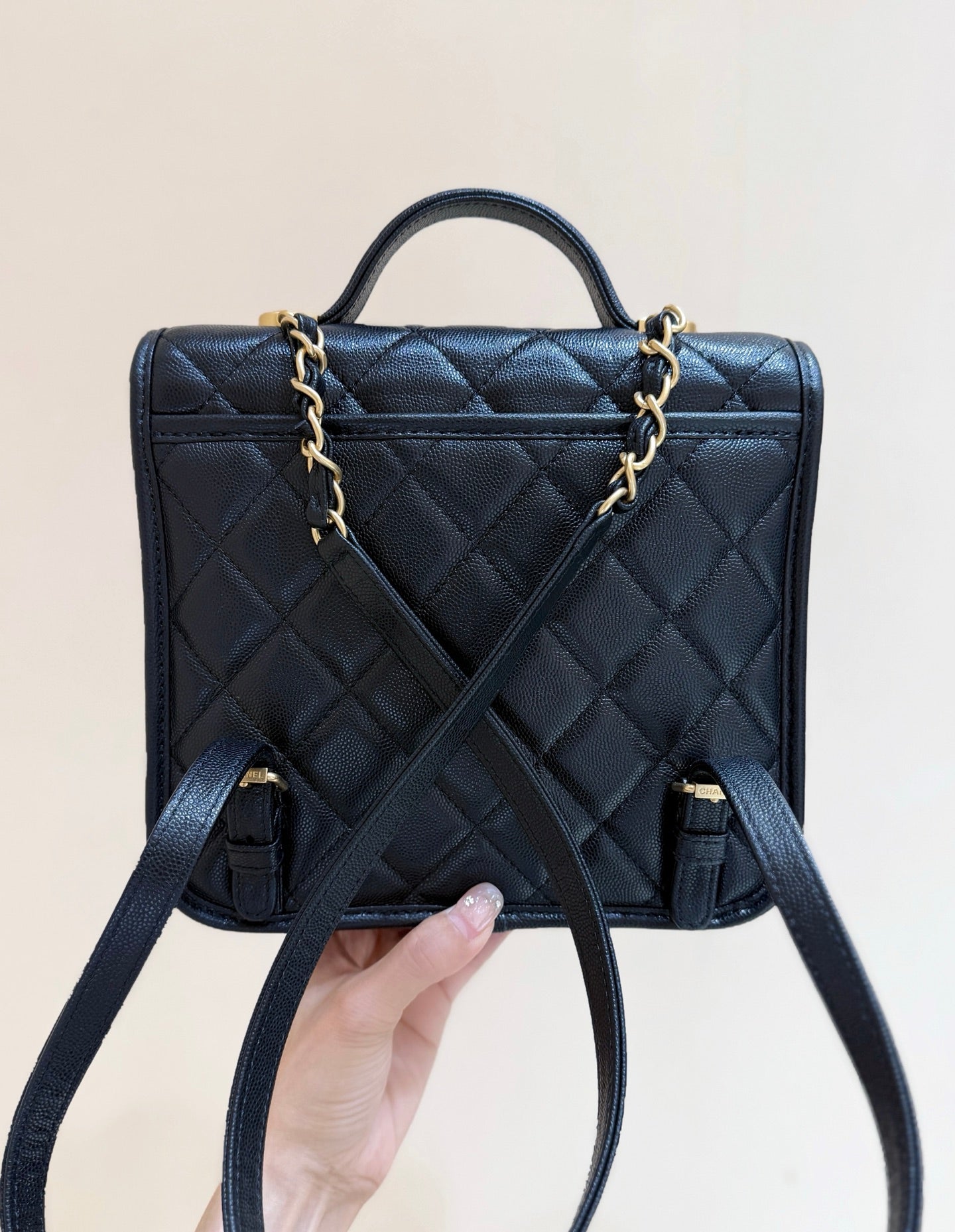 Chanel 2025 Four-Leaf Clover Backpack  Black Gold Caviar Leather 342116