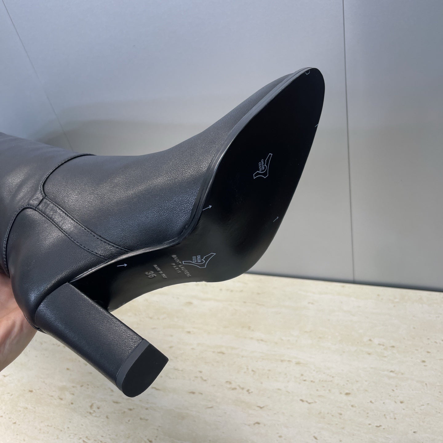 YSL 2025  High-Heeled Pointed-Toe Knee-High Rider Boot Black Calfskin 574018