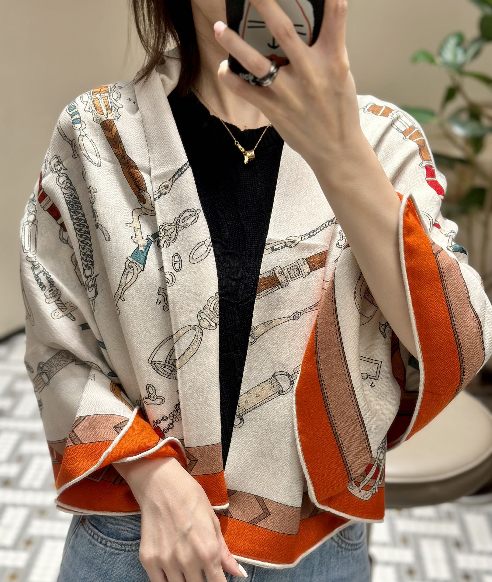 Chevaux Dechaines Shawl 135 CM IN Orange Colorful Cashmere Silk 373685