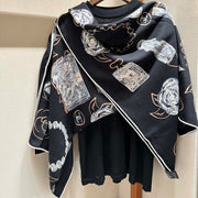 CC Square Scarf 140 CM In Black White Cashmere Silk 408655