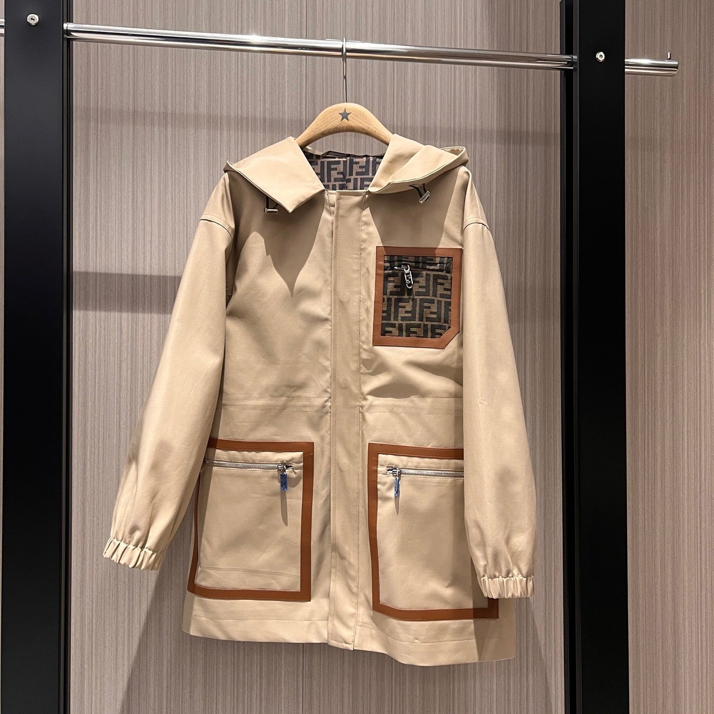 Fendi Hooded Windbreaker Jacket Beige Cotton