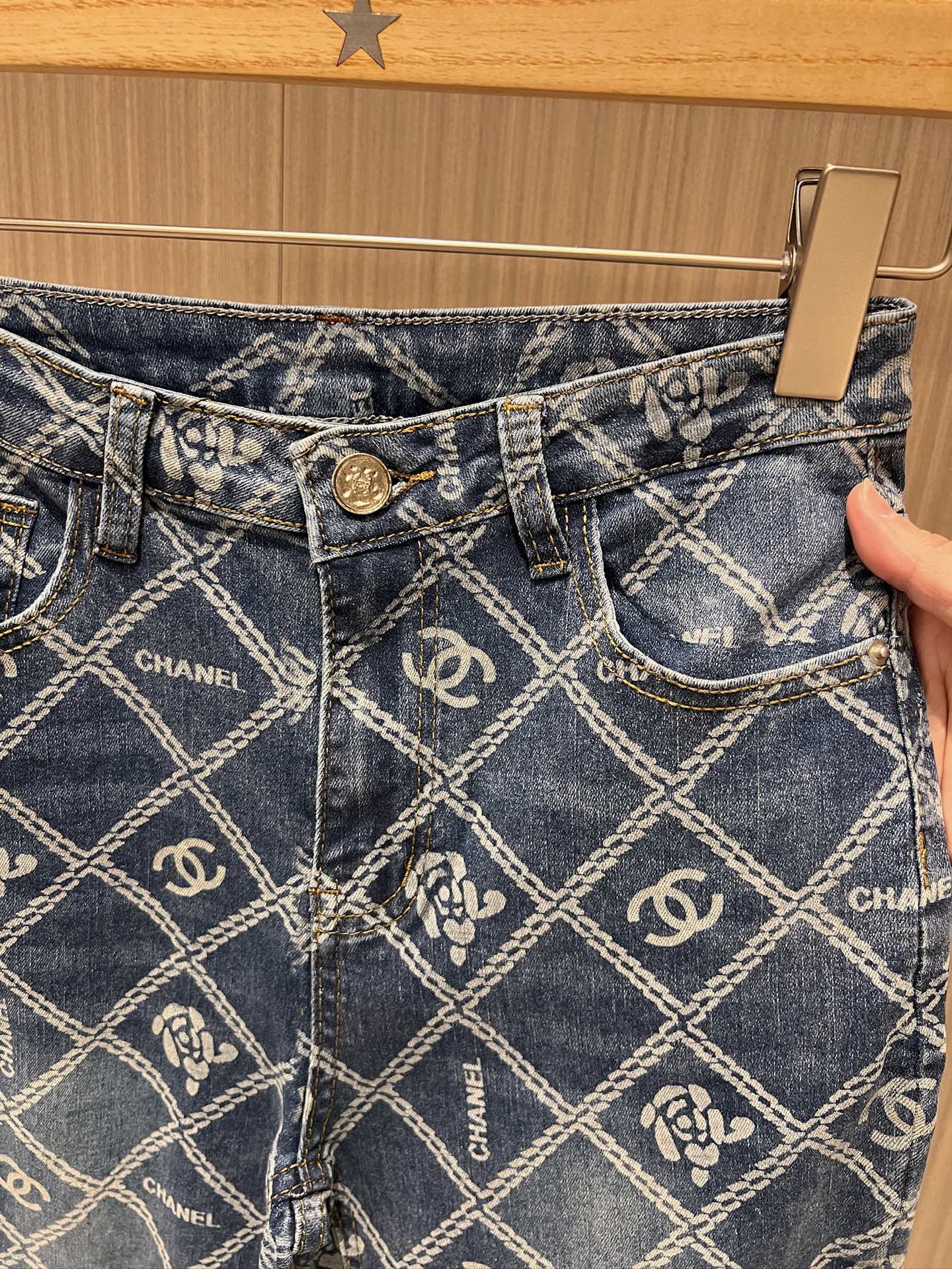 CC Diamond Double C Print Flared Jeans Blue Cotton