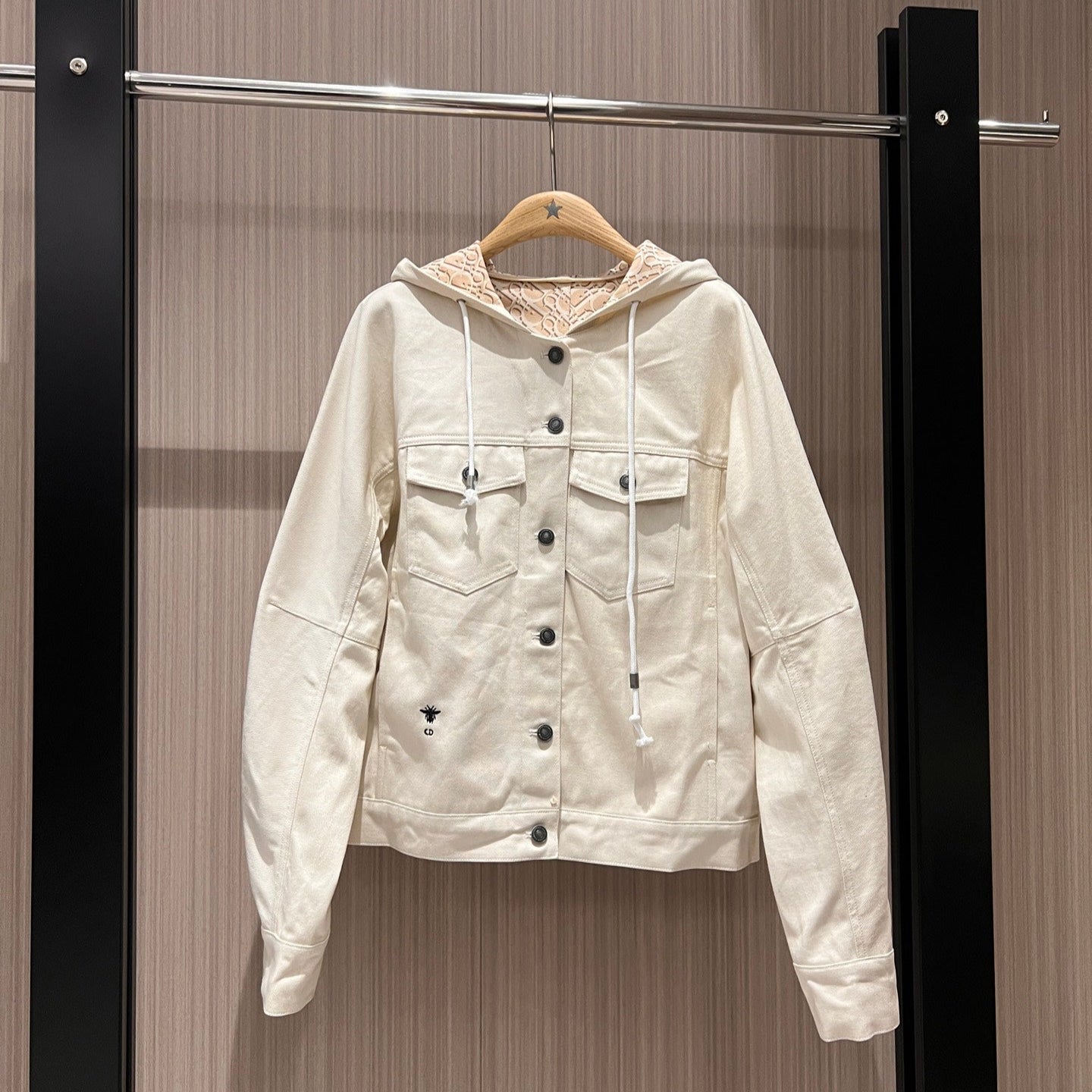 CD Hooded Denim Jacket With Monogram Lining White Beige Cotton