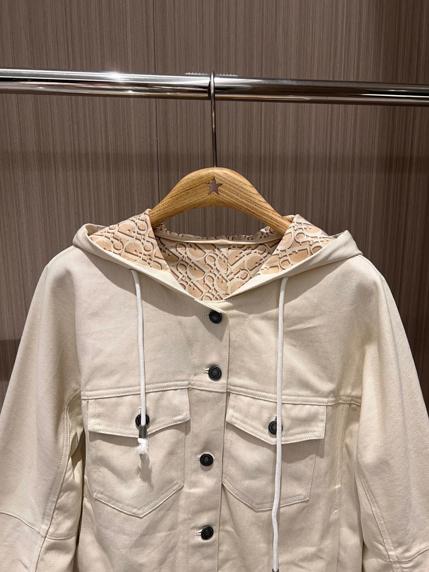 CD Hooded Denim Jacket With Monogram Lining White Beige Cotton