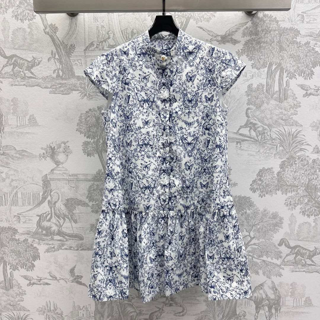 CD Short Dress White Cotton Muslin with Blue Butterfly Motif