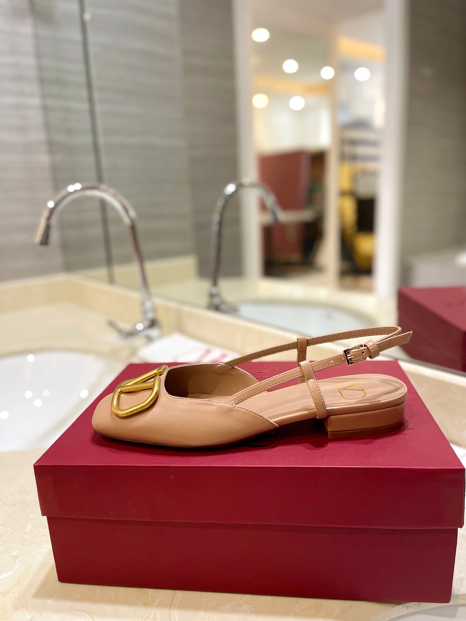 VLOGO BEIGE LEATHER SLINGBACK FLATS