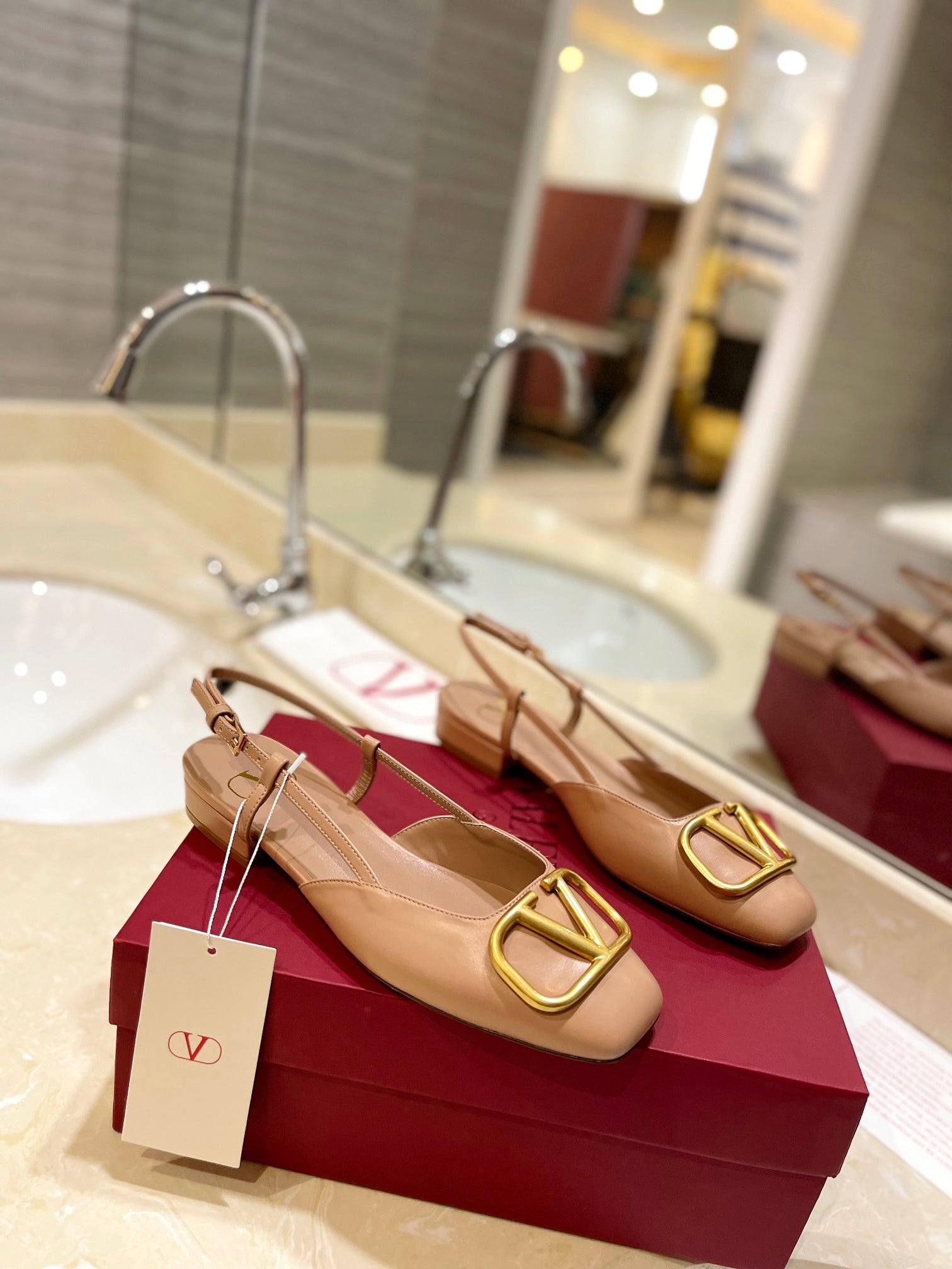 VLOGO BEIGE LEATHER SLINGBACK FLATS