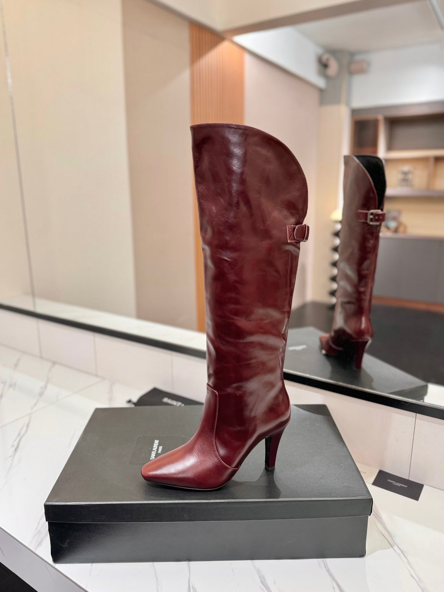 CLASSIC HIGH KNEE BOOTS IN BURGUNDY RED CALFSKIN