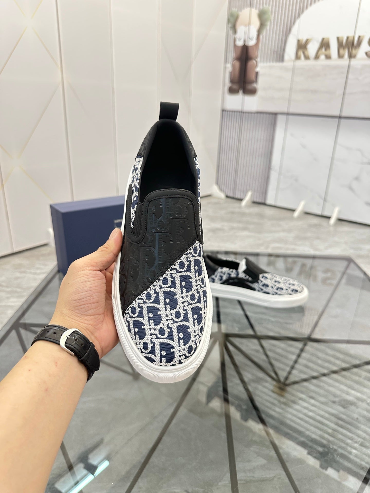 CD Slip on loafer Black Blue Cowhide Fabric 647996