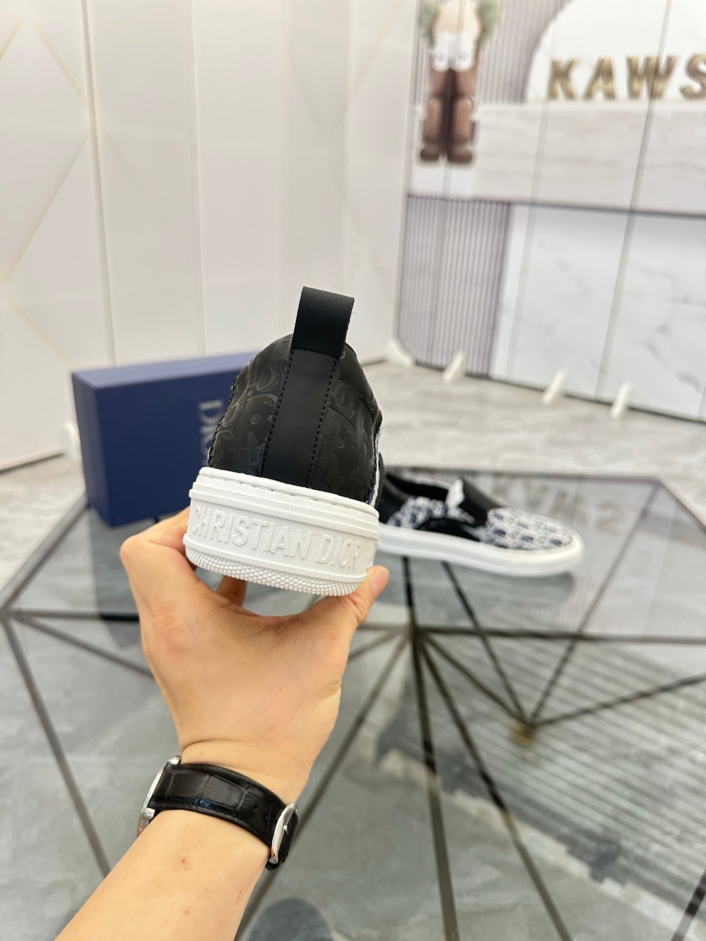 CD Slip on loafer Black Blue Cowhide Fabric 647996