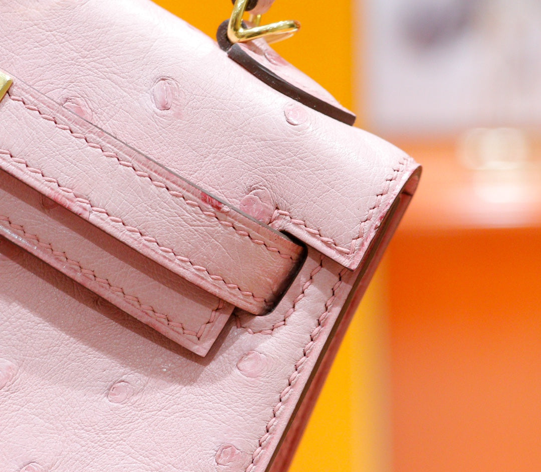HM Mini Kelly 19cm Pink Ostrich Gold Hardware