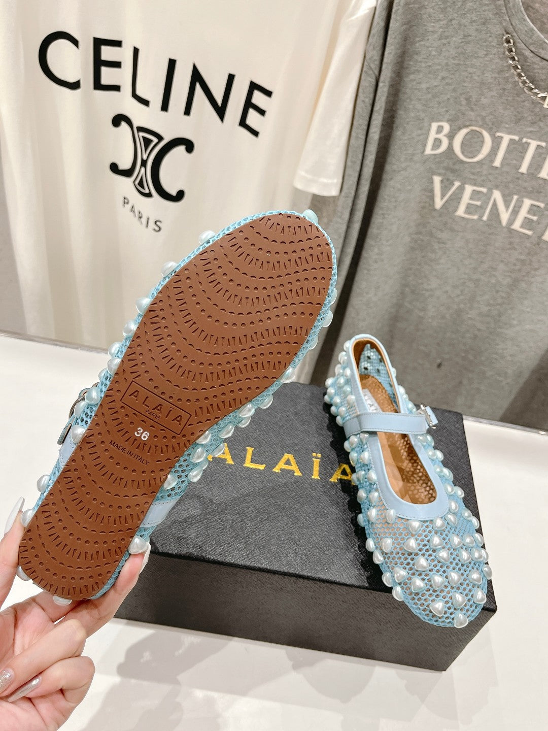 ALAIA PEARL MARY JANE SHOES IN LIGHT BLUE MESH AND CALFSKIN