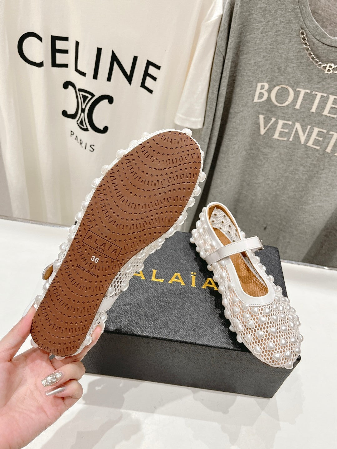 ALAIA PEARL MARY JANE SHOES IN WHITE MESH AND CALFSKIN