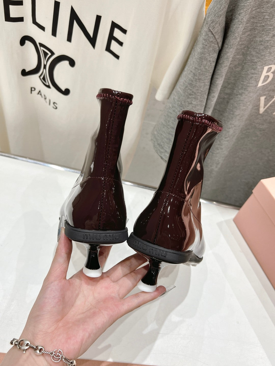 Miu Ankle Boots Pointed Toe Red Brown Lambskin