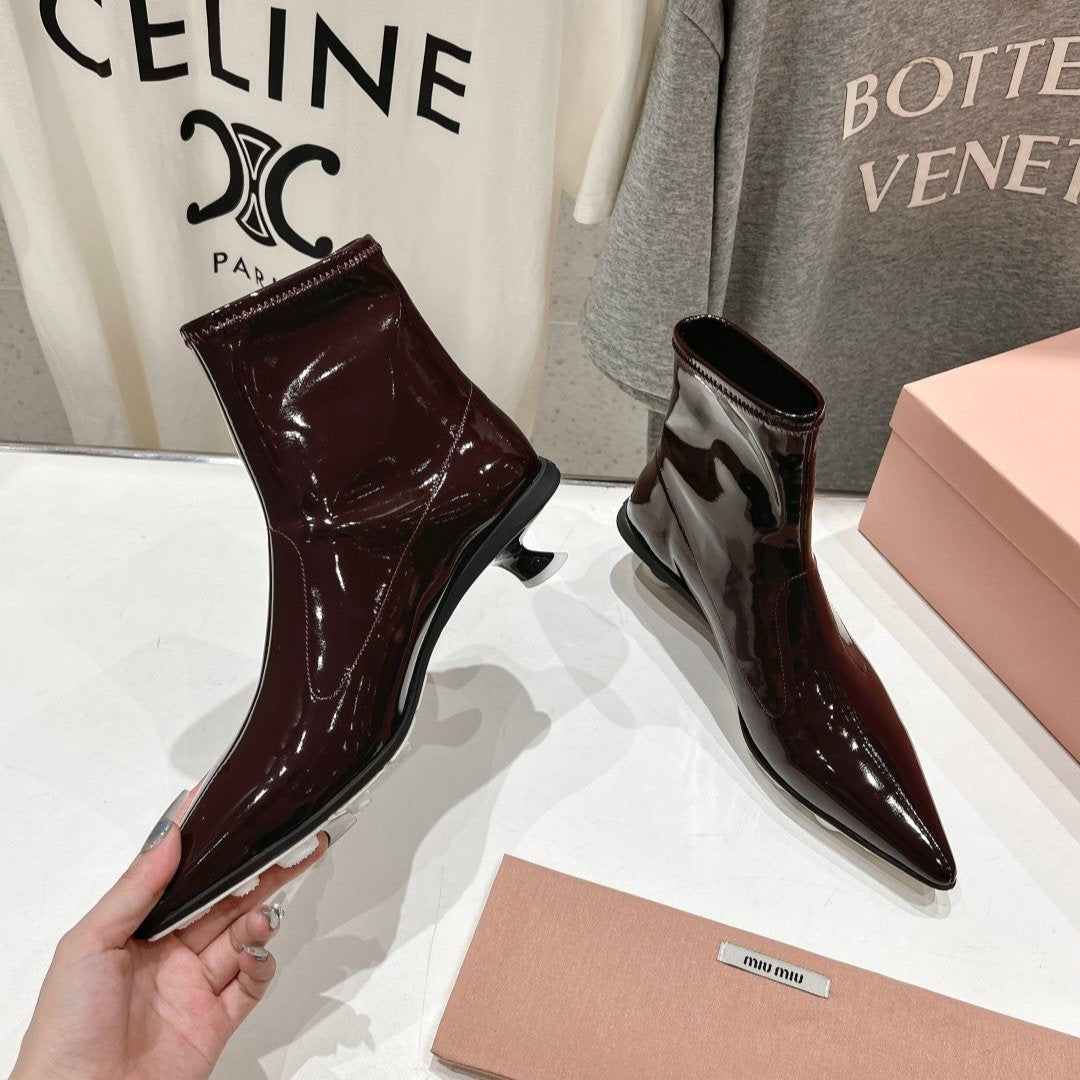 Miu Ankle Boots Pointed Toe Red Brown Lambskin