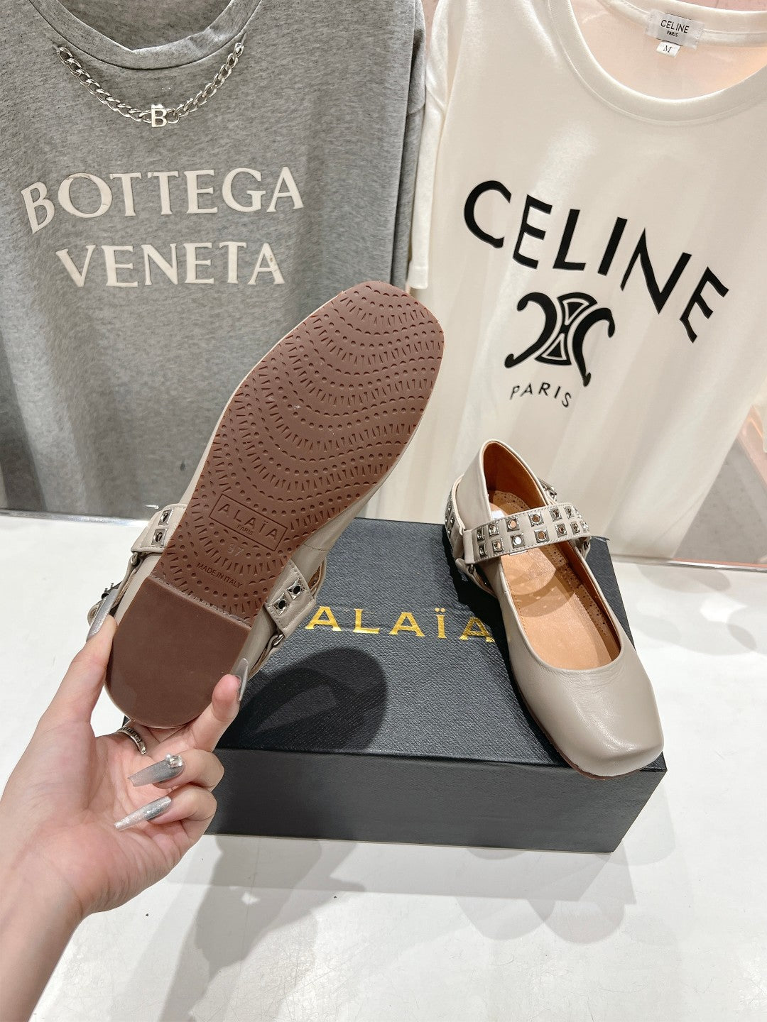 Alaila Biker Ballet Flats In Light Grey Cowhide 911442