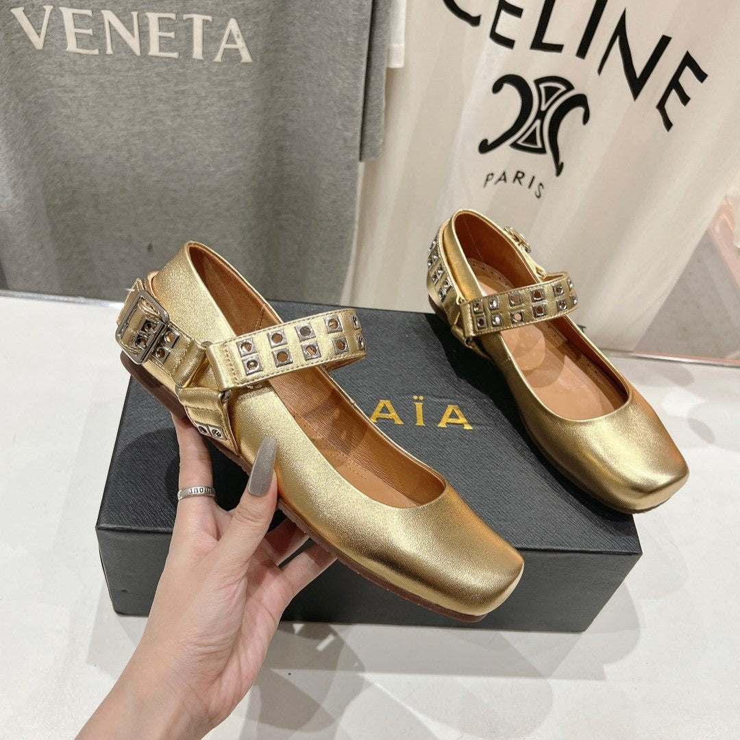 Alaila Biker Ballet Flats In Gold Cowhide  911444