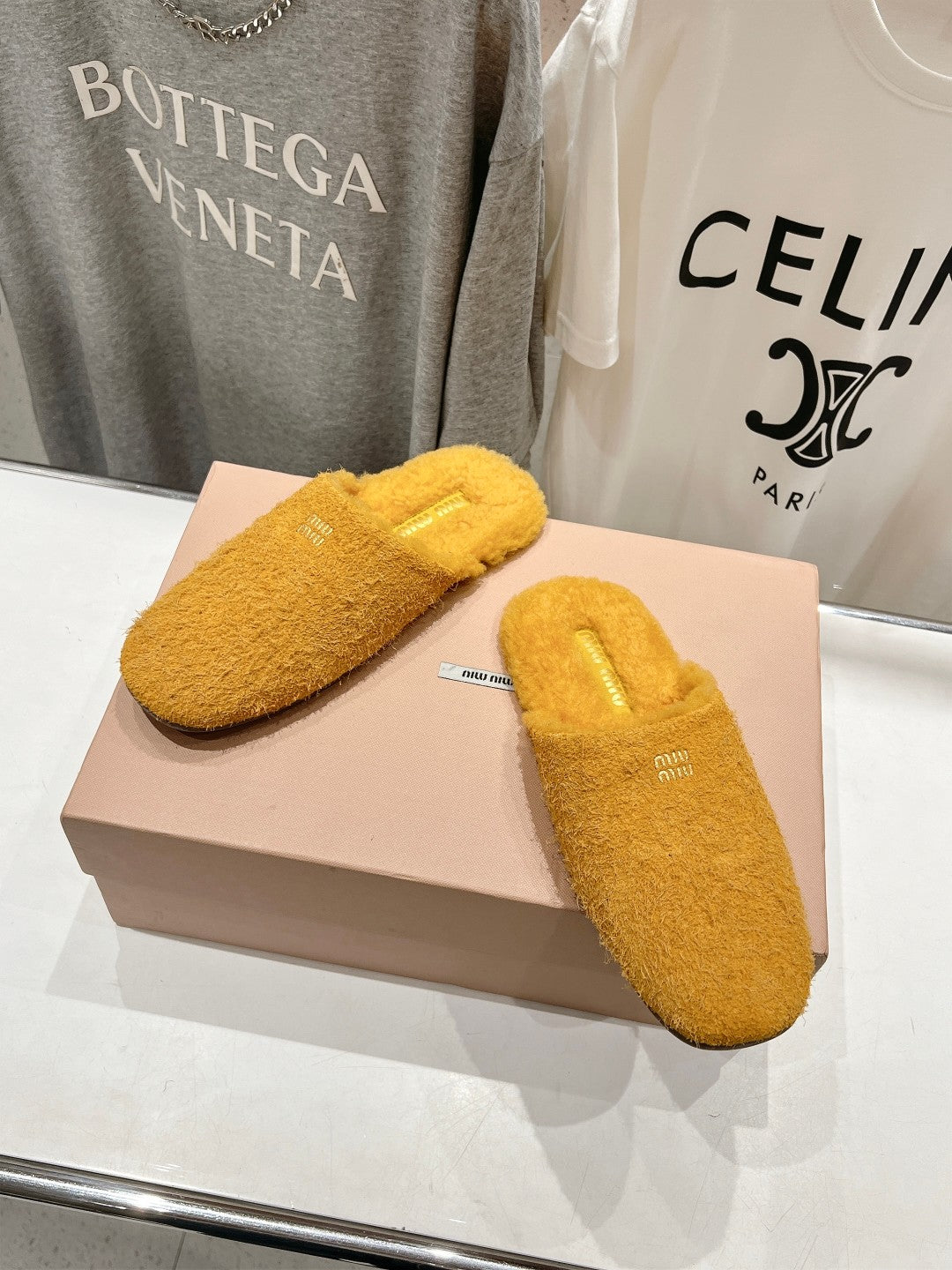 Miu Slippers Dark Yellow Imported Sheepskin