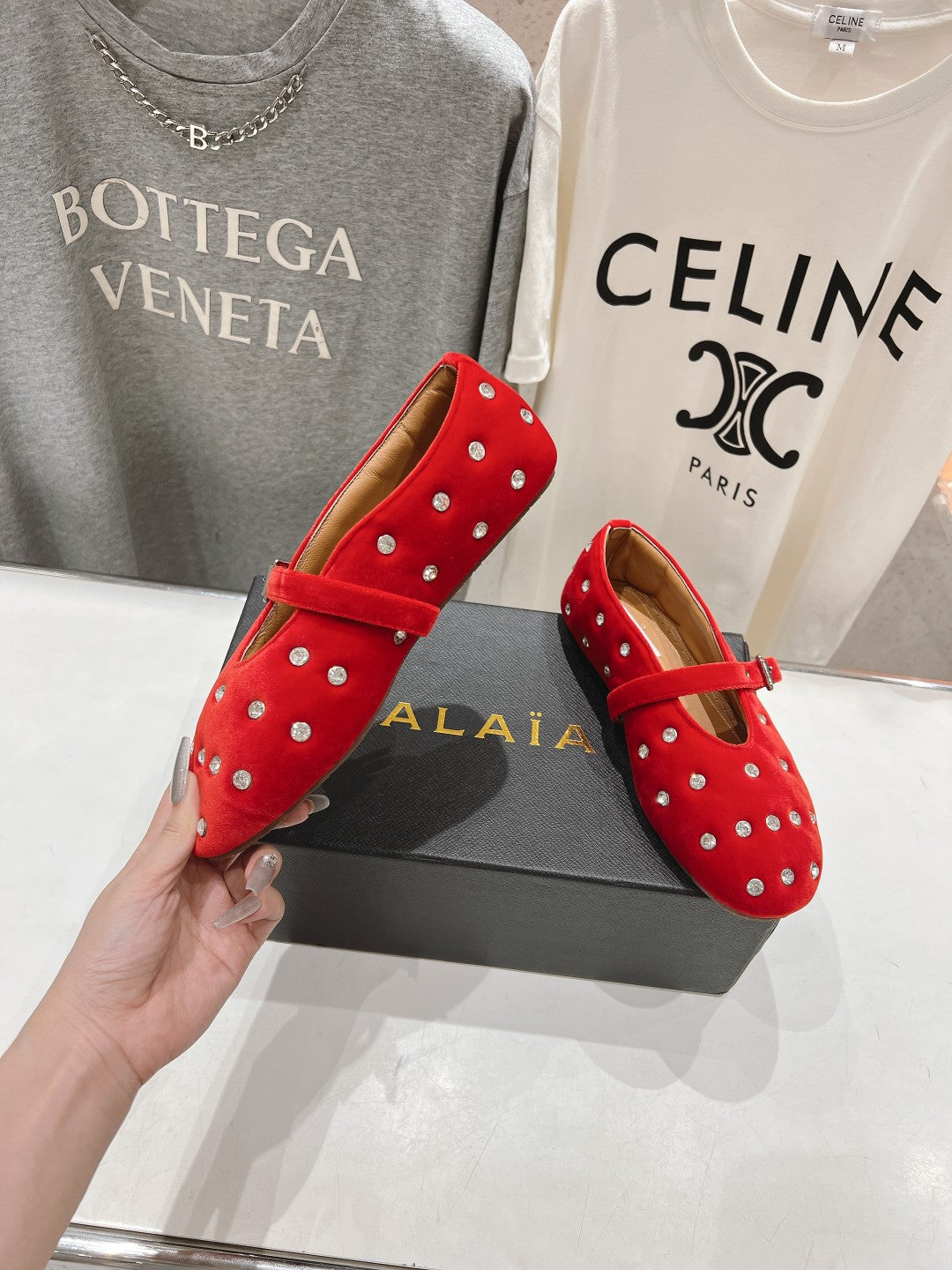 Alaila Ballet Flats In Red Velvet With Rhinestones 971994