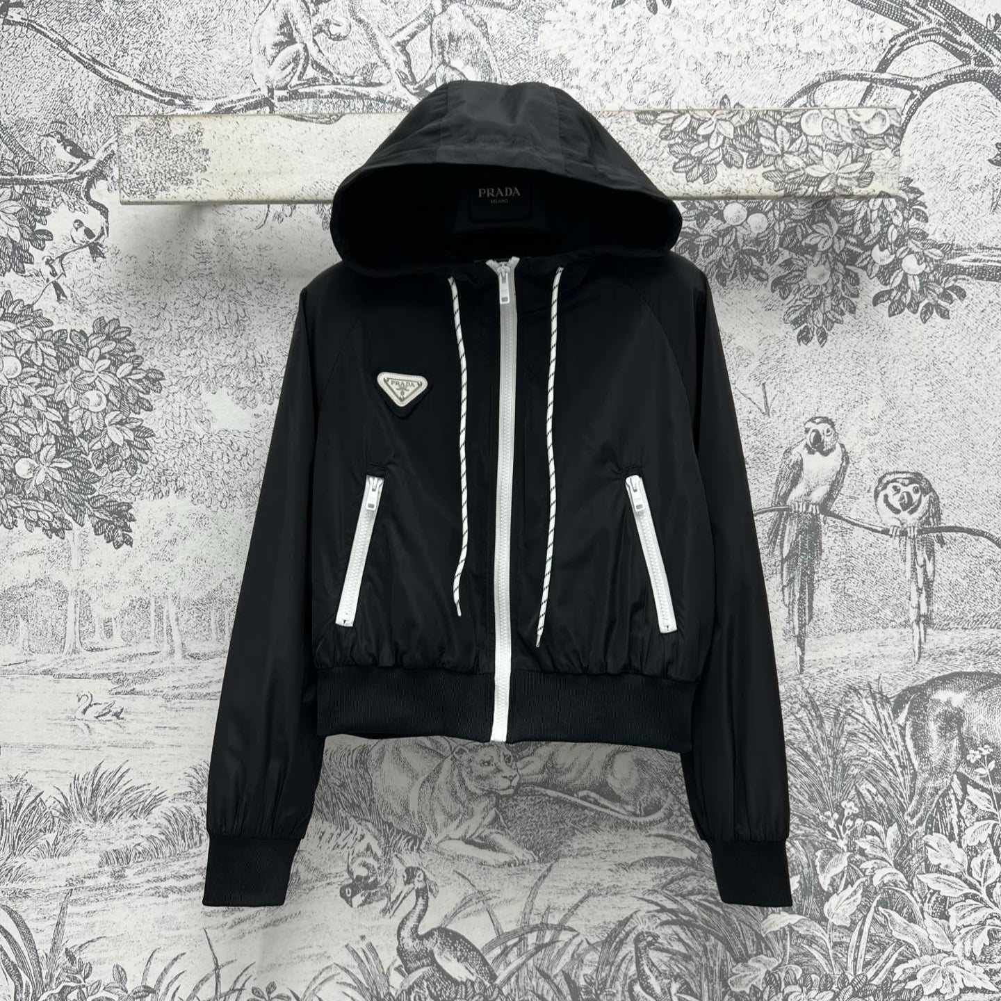 Prada 25 Hooded Triangle Logo Jacket Black Polyester