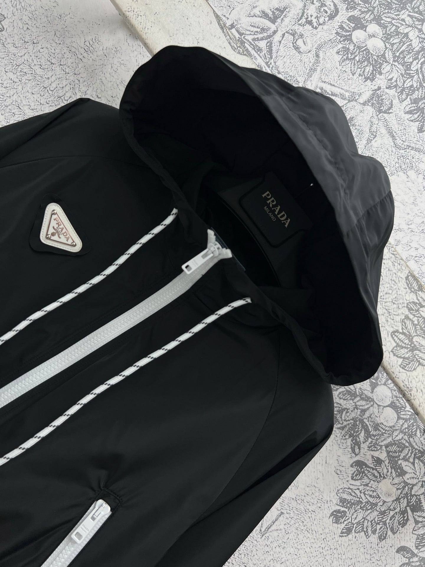 Prada 25 Hooded Triangle Logo Jacket Black Polyester