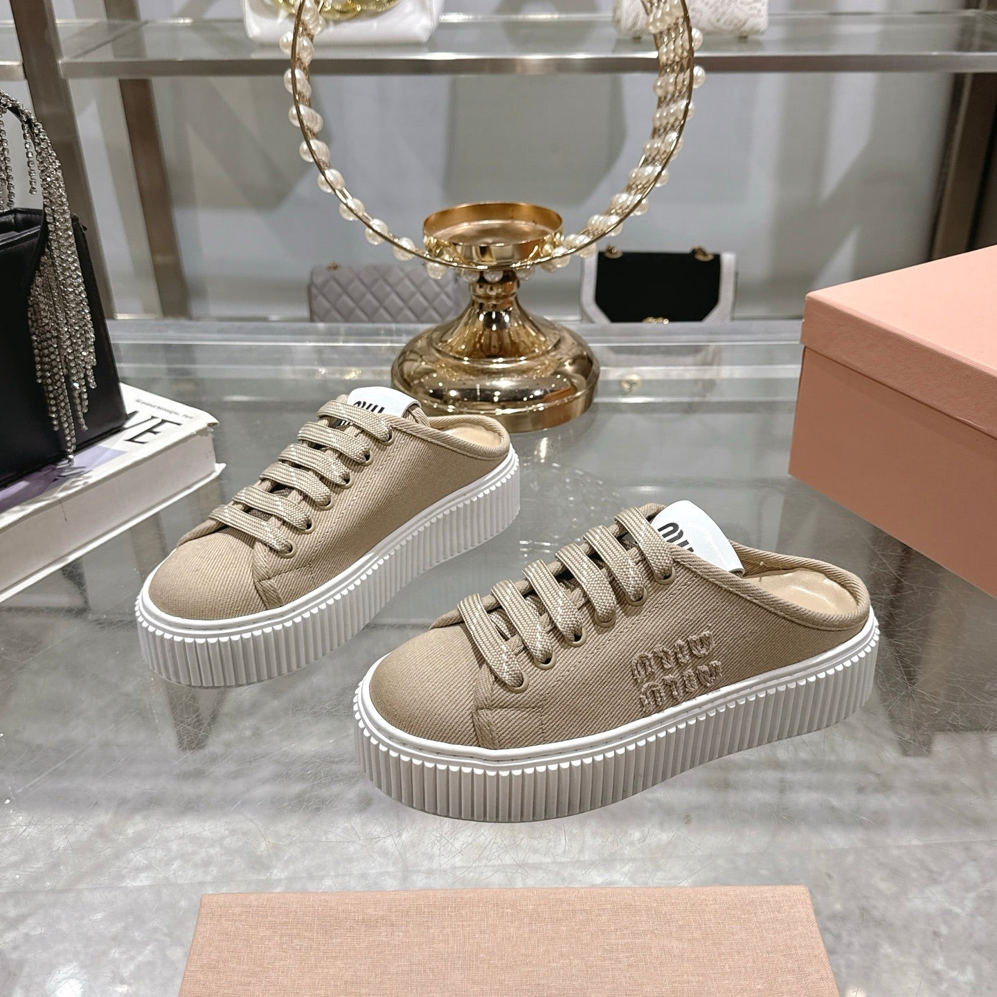 Miu 25C Sneaker Mules Colonial Beige Demin Fabric 235319