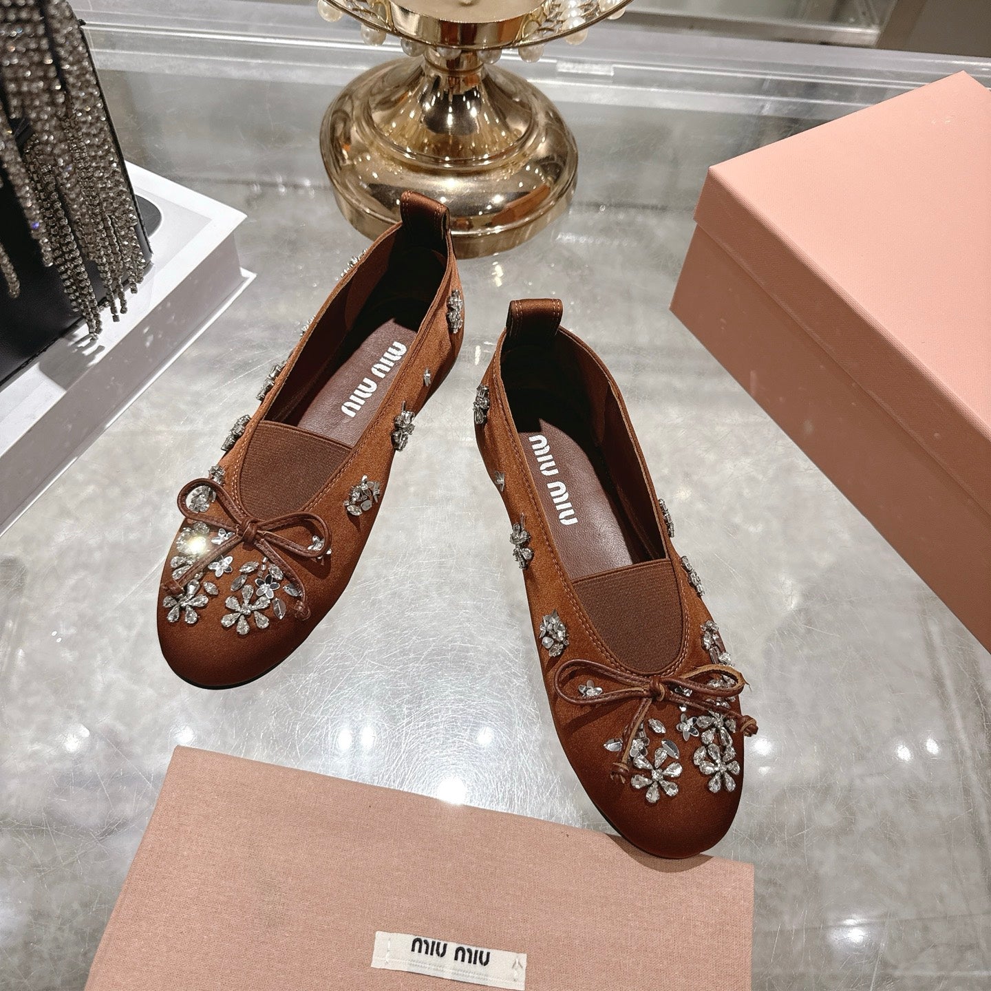 Miu 26 Ballet Flats with Crystal Rhinestones Brown Silk Satin 592105