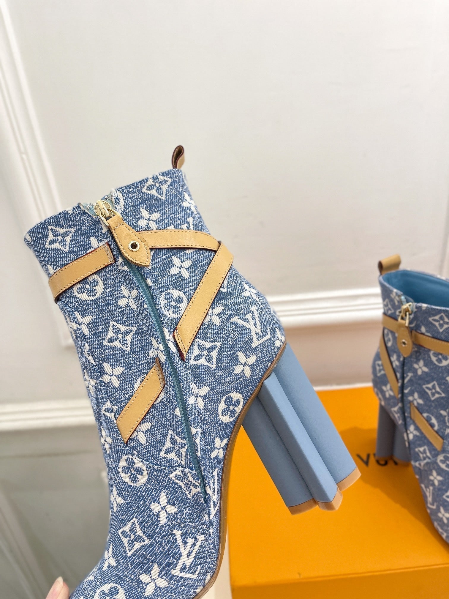 LV Silhouette Ankle Boots 100mm Light Blue Monogram Jacquard Fabric