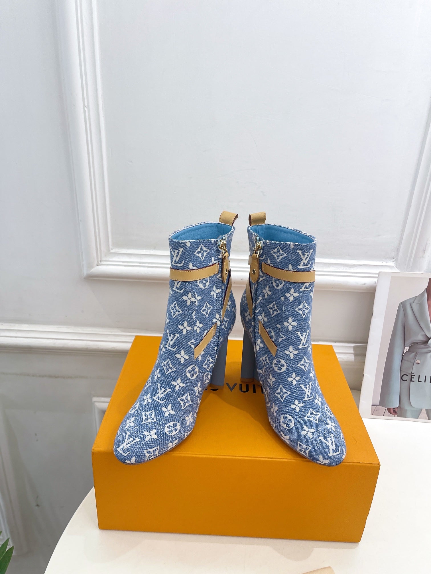 LV Silhouette Ankle Boots 100mm Light Blue Monogram Jacquard Fabric