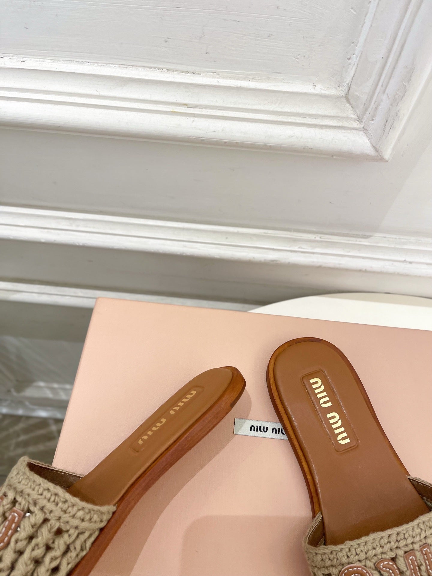 MIU Flat Slippers Brown Knitted Fabric Sheepskin 631915