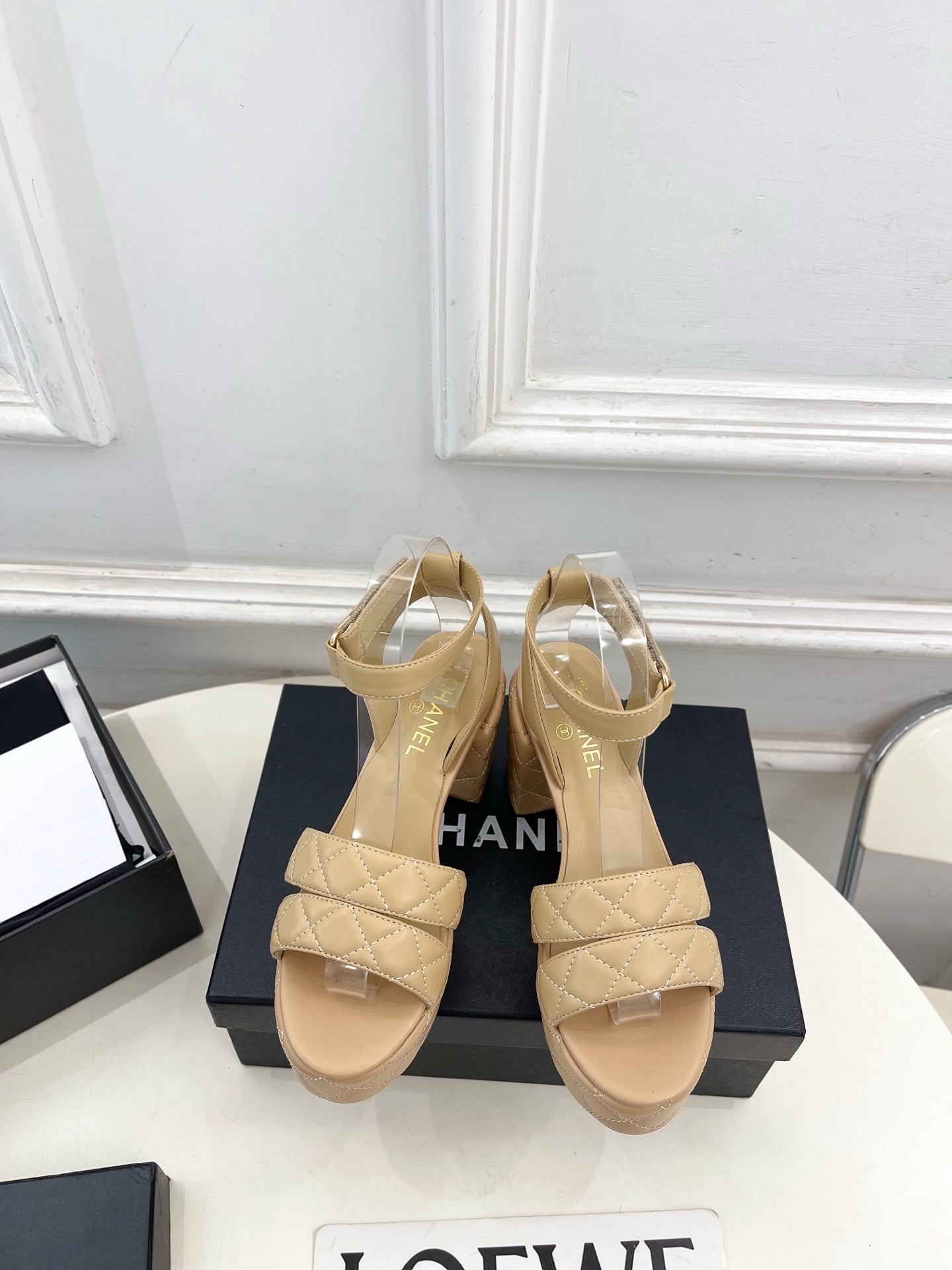 CC 26s HighHeeled Platform Sandals 85 Beige Sheepskin 631869