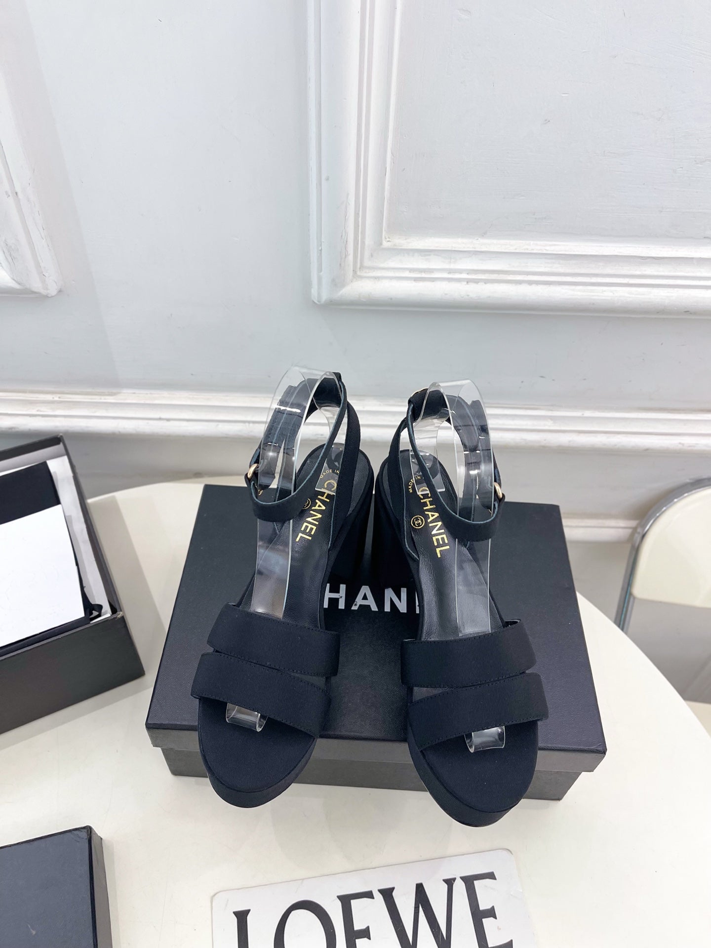 CC 26s HighHeeled Platform Sandals 85 Black Striped Fabric 631870