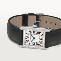 Cartier Tank Must Diamond Silver Case Black Leather