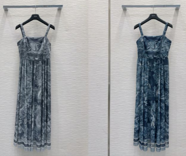 CD 25 Print Suspender Skirt Light Gray and Navy Blue Polyester