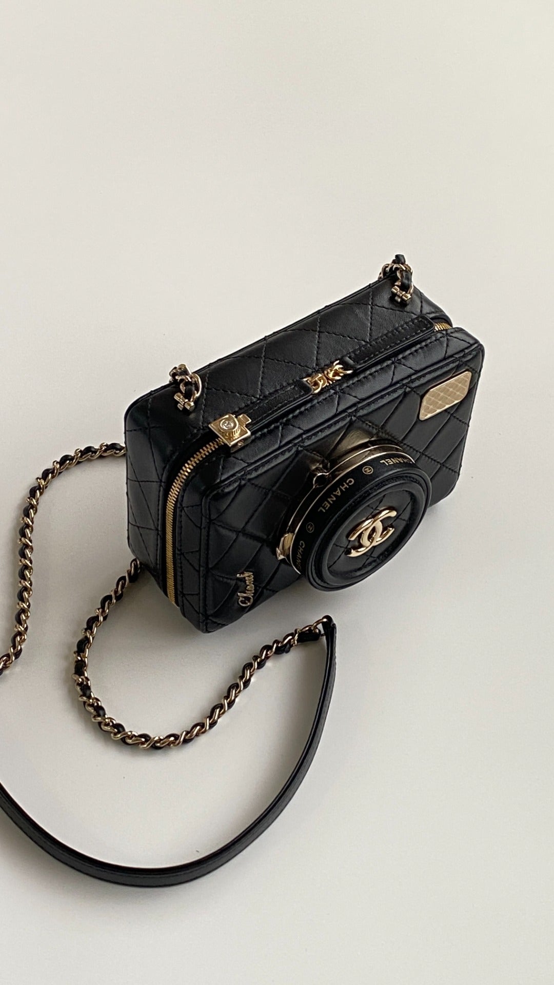 CC 2025 camera bag black lambskin gold hardware