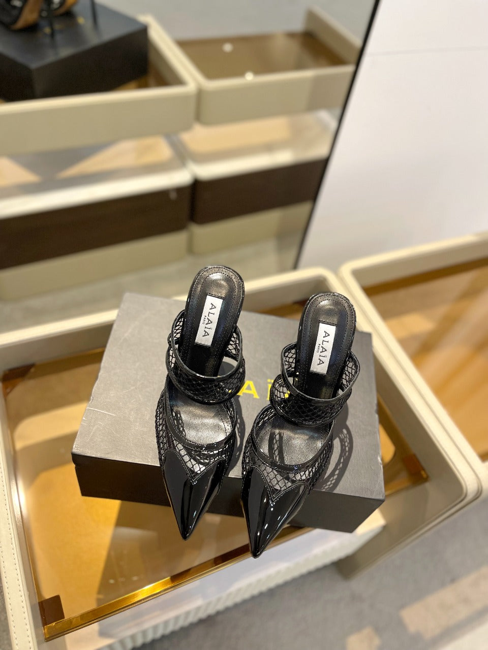alaia mule 110 fishnet black heart lambskin