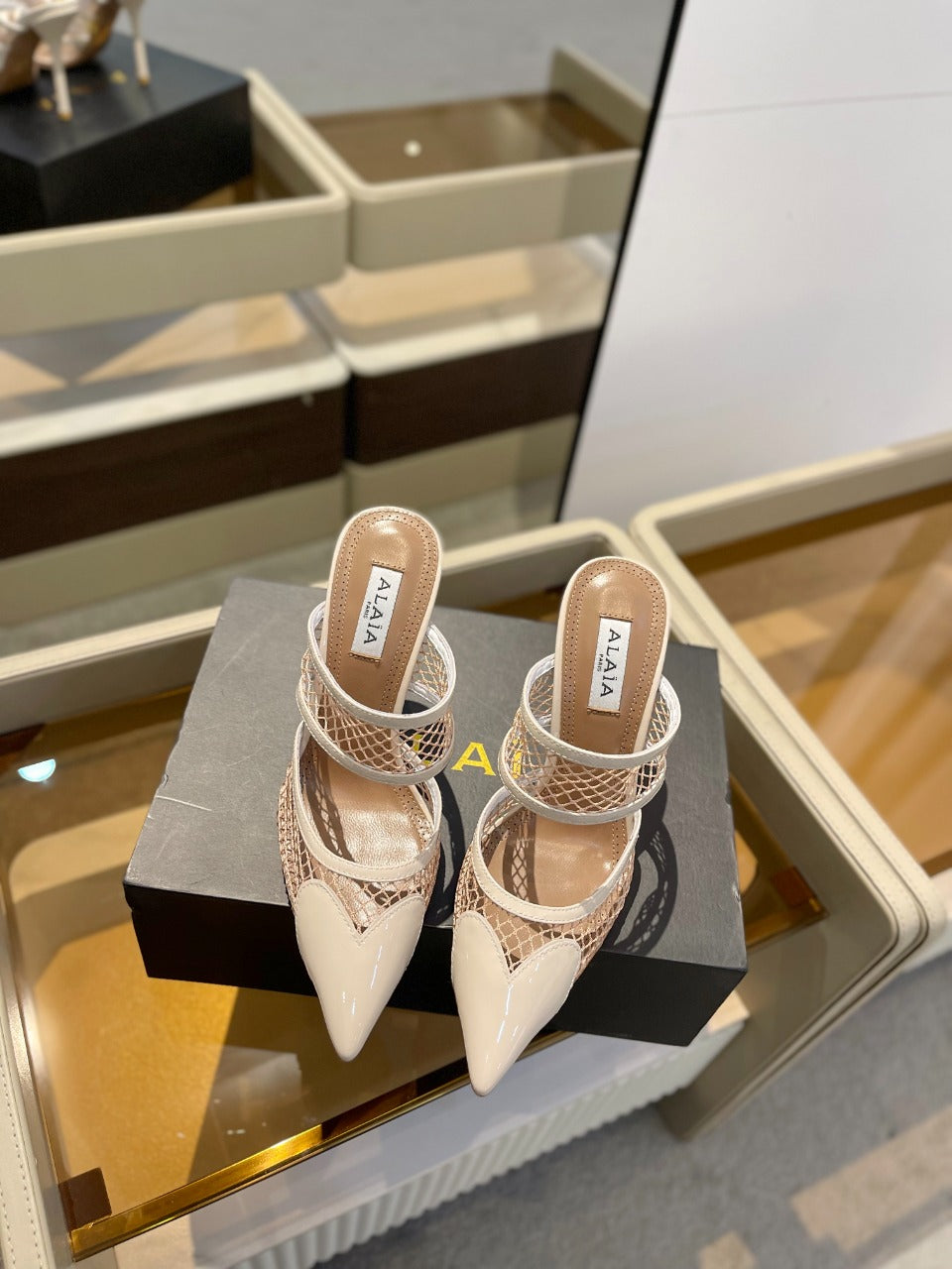 alaia mule 110 fishnet cream heart lambskin