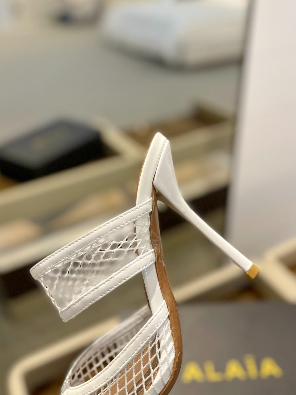 alaia mule 110 fishnet white heart lambskin