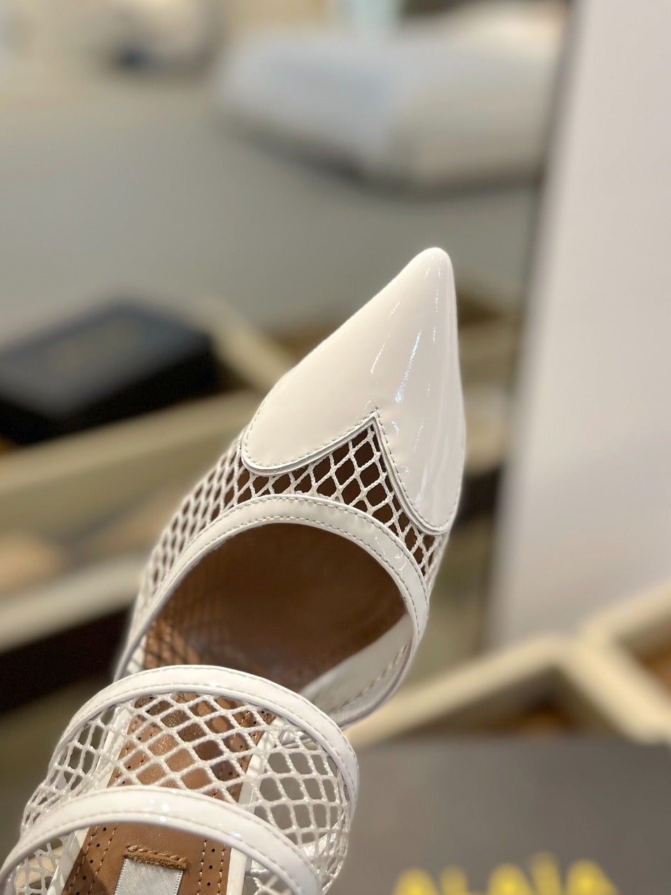alaia mule 110 fishnet white heart lambskin