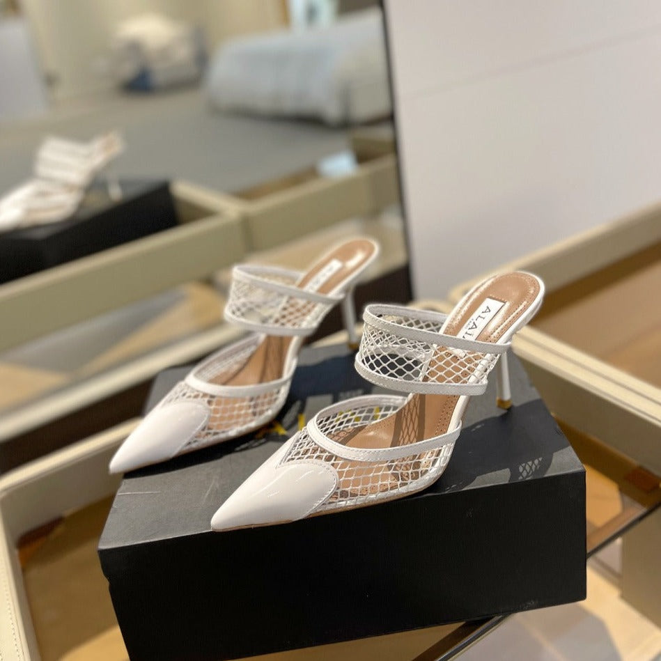 alaia mule 85 fishnet white heart lambskin