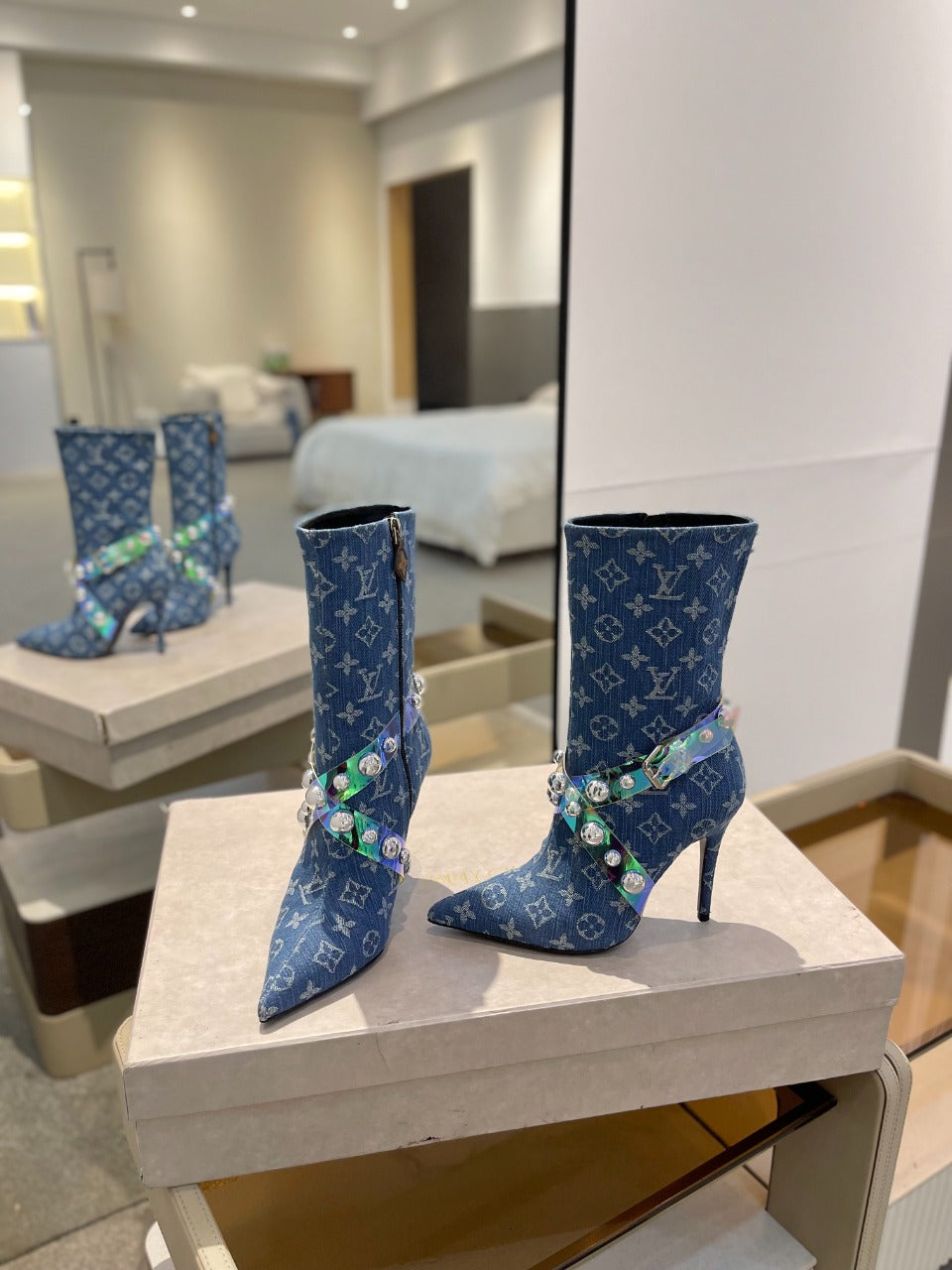 LV Ankle Boots 100mm Blue Monogram Jacquard Fabric