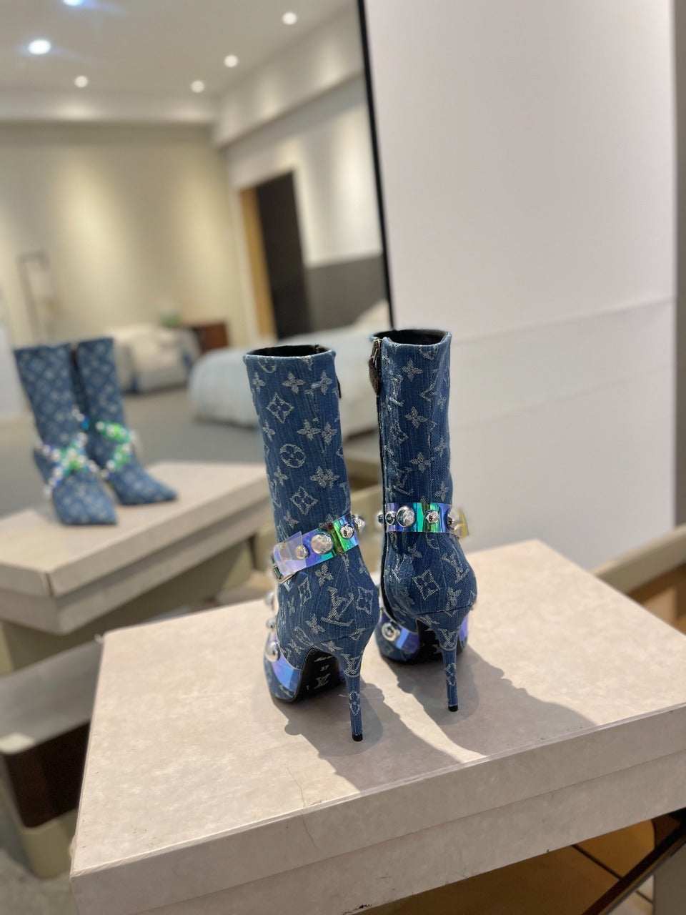 LV Ankle Boots 100mm Blue Monogram Jacquard Fabric