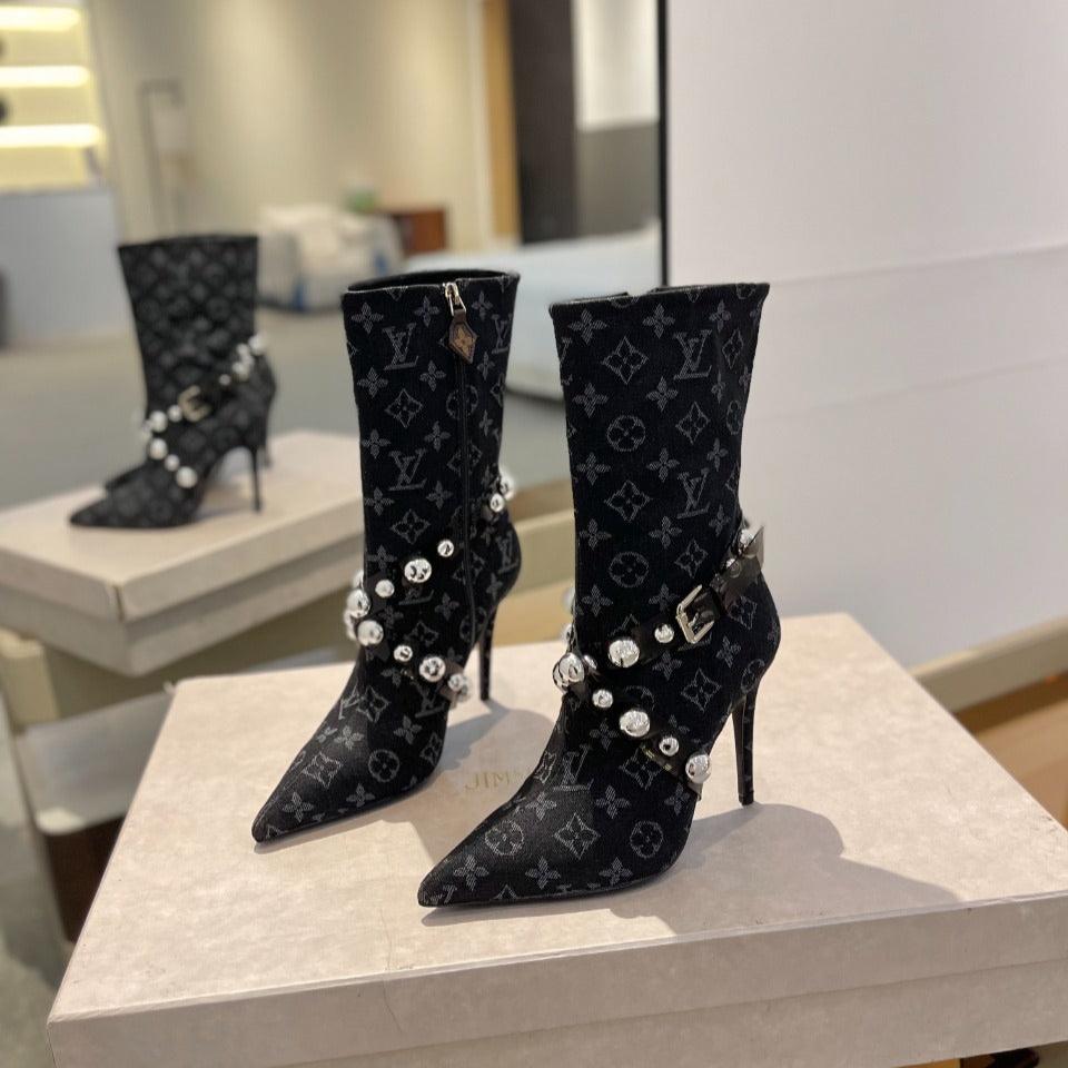 LV Ankle Boots 100mm Black Monogram Jacquard Fabric