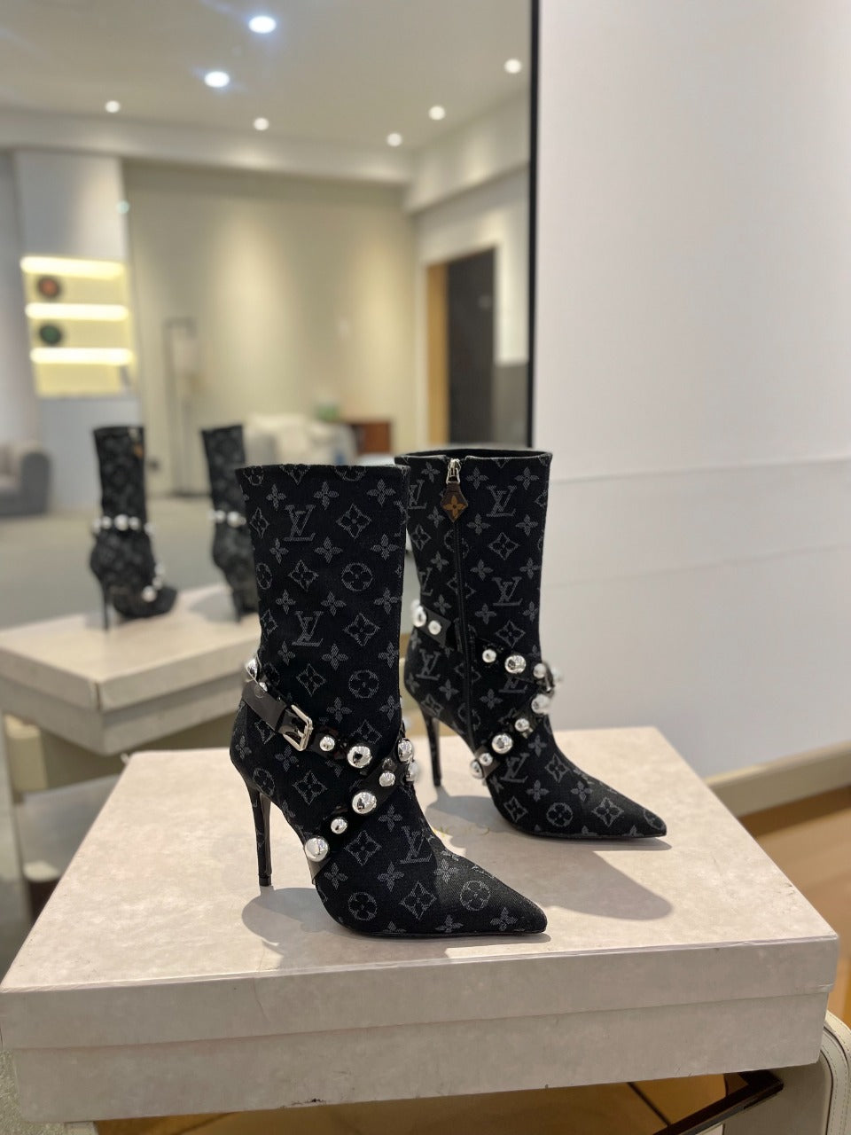 LV Ankle Boots 100mm Black Monogram Jacquard Fabric