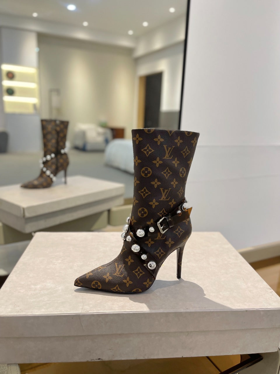 LV Ankle Boots 100mm Dark Brown Monogram Lambskin