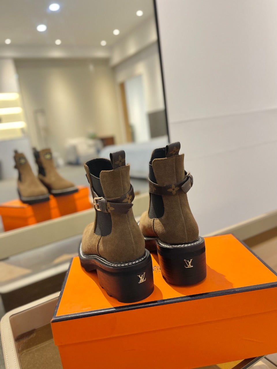 LV Beaubourg Ankle Boot 100mm Brown Yellow Suede