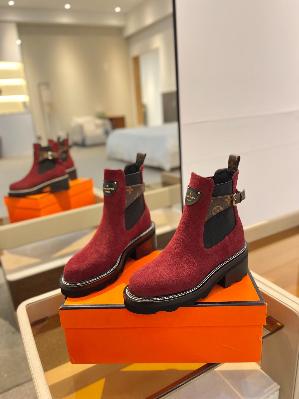 LV Beaubourg Ankle Boot 100mm Red Suede