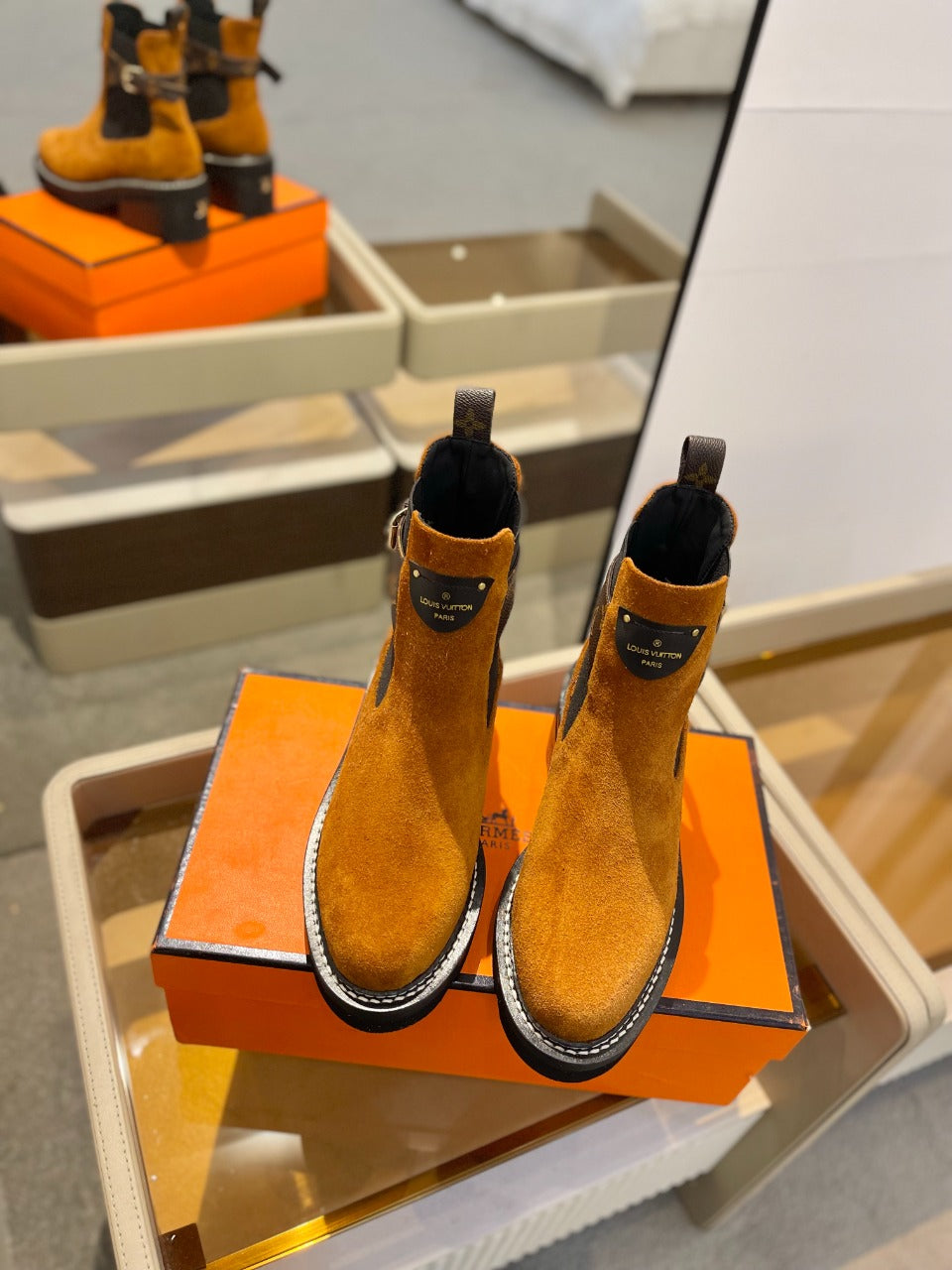 LV Beaubourg Ankle Boot 100mm Orange Yellow Suede