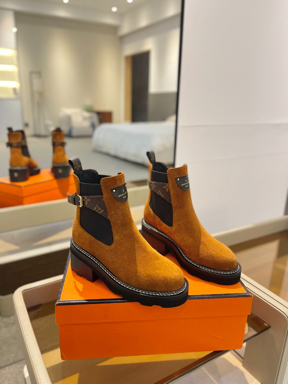 LV Beaubourg Ankle Boot 100mm Orange Yellow Suede